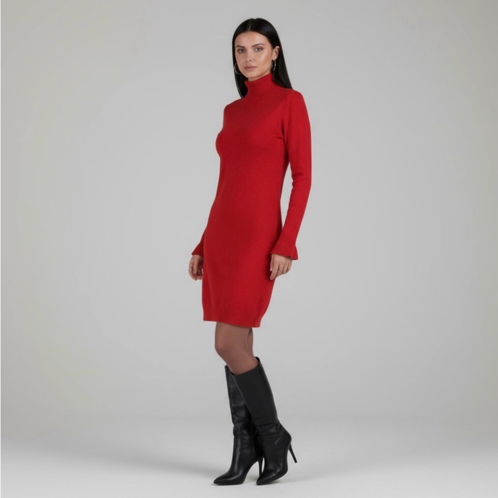 Turtle neck Red Ruffle Dress - Picture 2 of 4